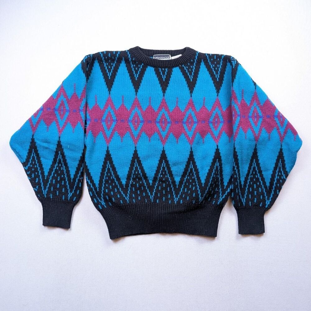 Vintage Abstract Geometric Blue Sweater Psychedelic Boxy Knit Size Medium